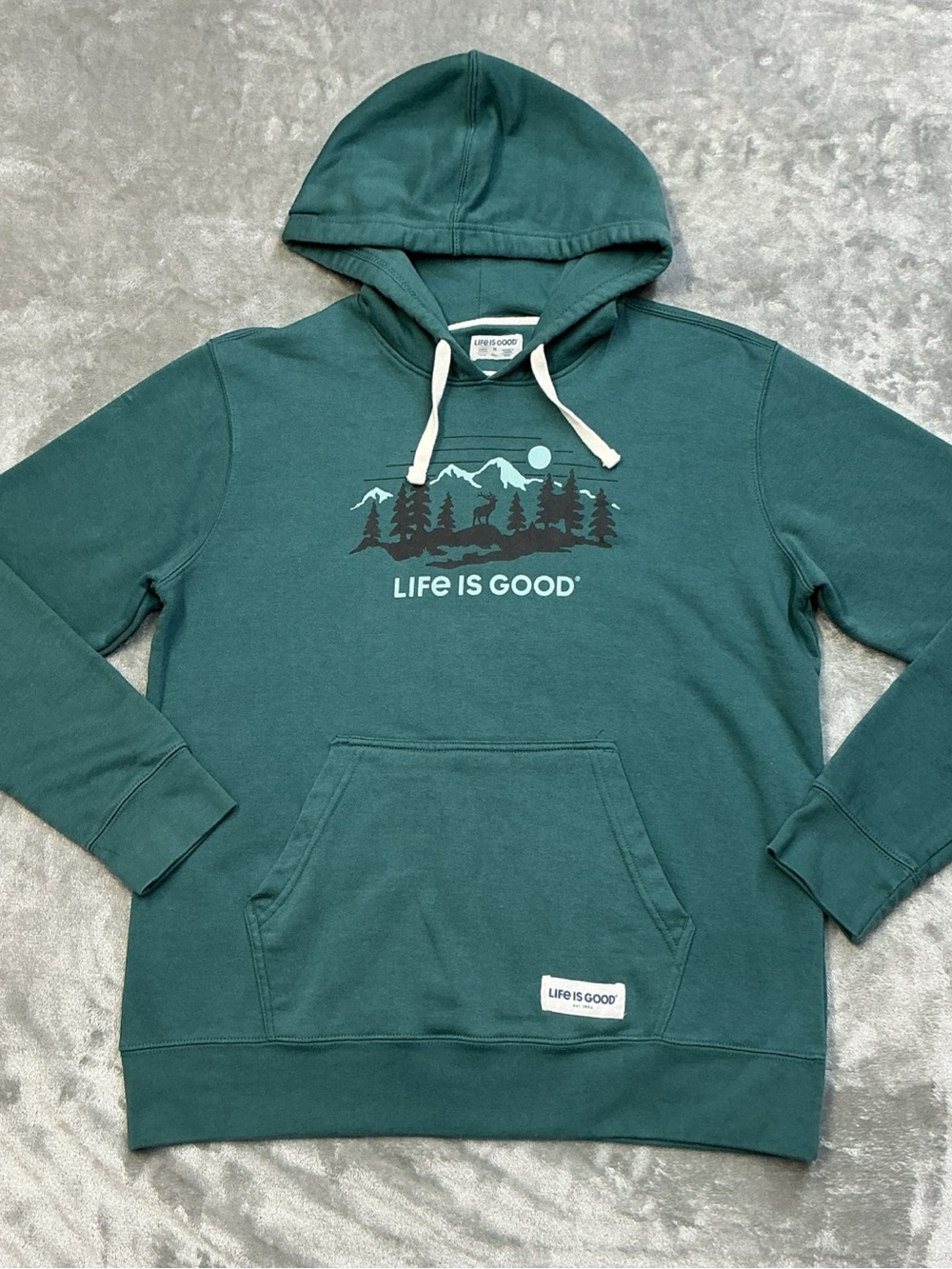 Life Is Good Pull Over Hoodie Sweatshirt womens Medium Teal elk mountains trees